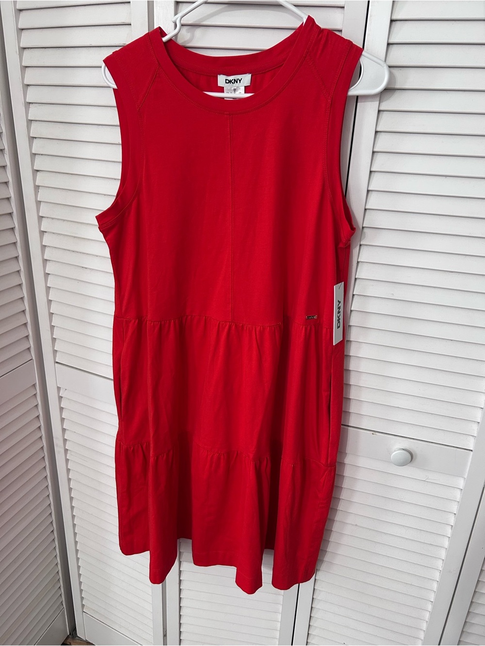 DKNY Red Sleeveless Tiered Midi Dress